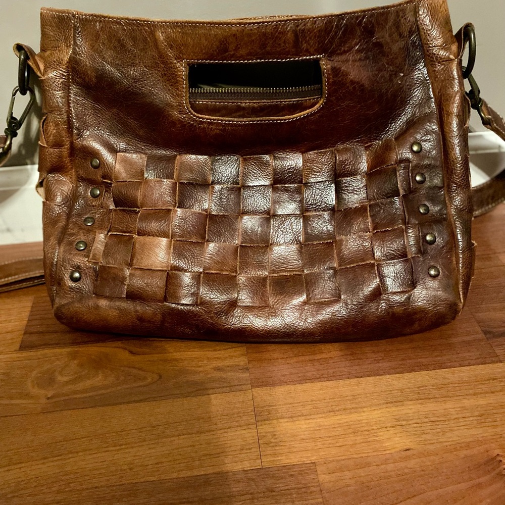 Bed Stu Orchid Brown Leather Woven Shoulder Bag